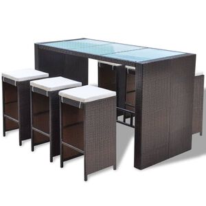 vidaXL 7-tlg. Gartenbar-Set mit Auflagen Poly Rattan Braun