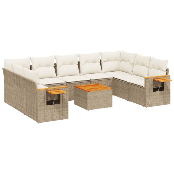 vidaXL 10-tlg. Garten-Sofagarnitur mit Kissen Beige Poly Rattan