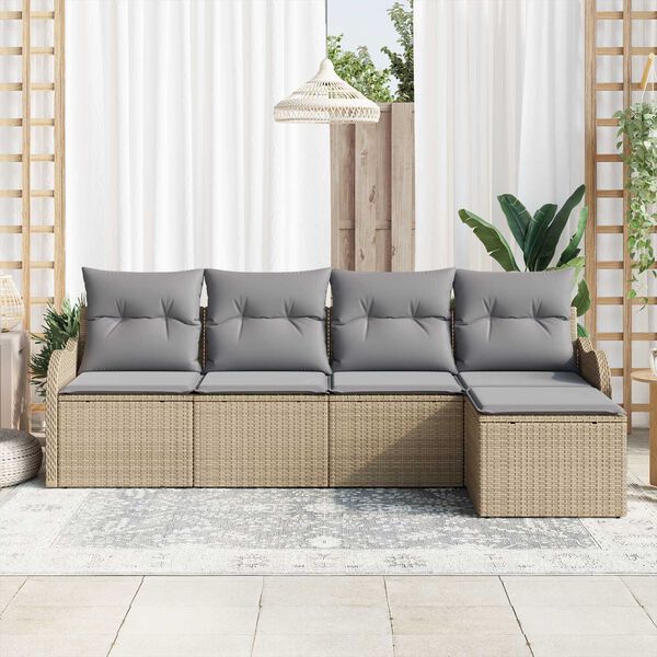 vidaXL Garten-Sofa-Set mit Kissen mit Speicher 5 pcs Beige Poly Rattan