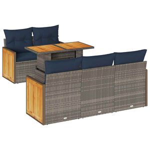 vidaXL 6-tlg. Garten-Sofagarnitur mit Kissen Grau Poly Rattan Akazie