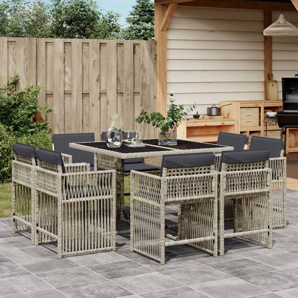 vidaXL 9-tlg. Garten-Essgruppe mit Kissen Hellgrau Poly Rattan