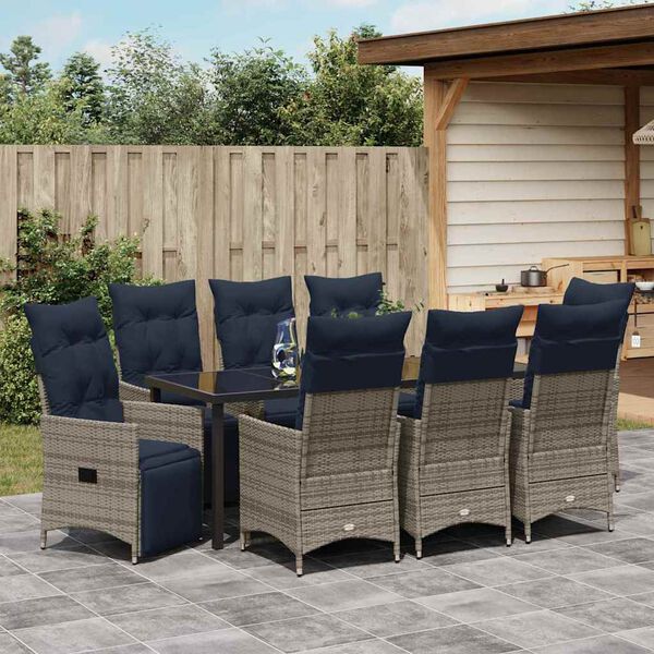 vidaXL Tisch- und Stuhlset mit Kissen 9 pcs Grau PE-Rattan