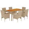vidaXL 7-tlg. Garten-Essgruppe mit Kissen Beige Poly Rattan Akazie