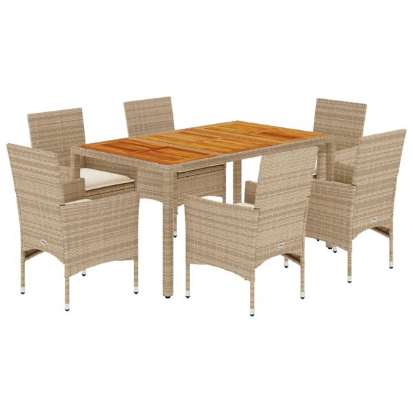 vidaXL 7-tlg. Garten-Essgruppe mit Kissen Beige Poly Rattan Akazie