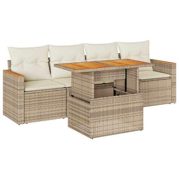 vidaXL 5-tlg. Garten-Sofagarnitur mit Kissen Beige Poly Rattan Akazie