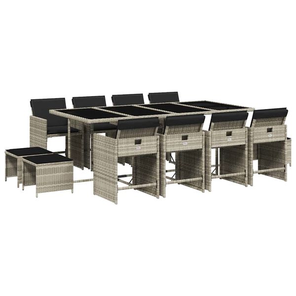 vidaXL 13-tlg. Garten-Essgruppe mit Kissen Hellgrau Poly Rattan