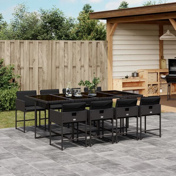 vidaXL 9-tlg. Garten-Essgruppe mit Kissen Schwarz Poly Rattan