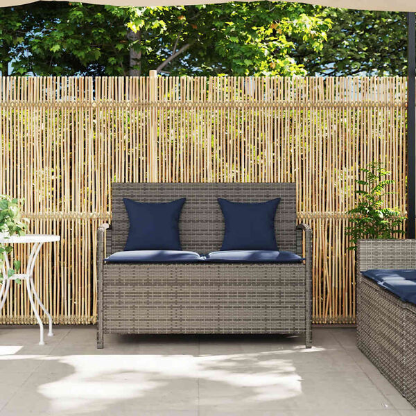 vidaXL Gartenbank mit Stauraum und Kissen Grau Poly Rattan