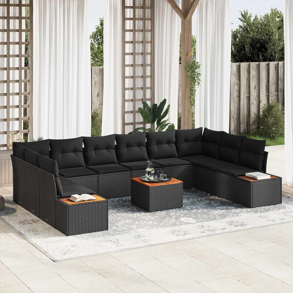 vidaXL Garten-Sofa-Set mit Kissen 11 pcs Schwarz Poly Rattan