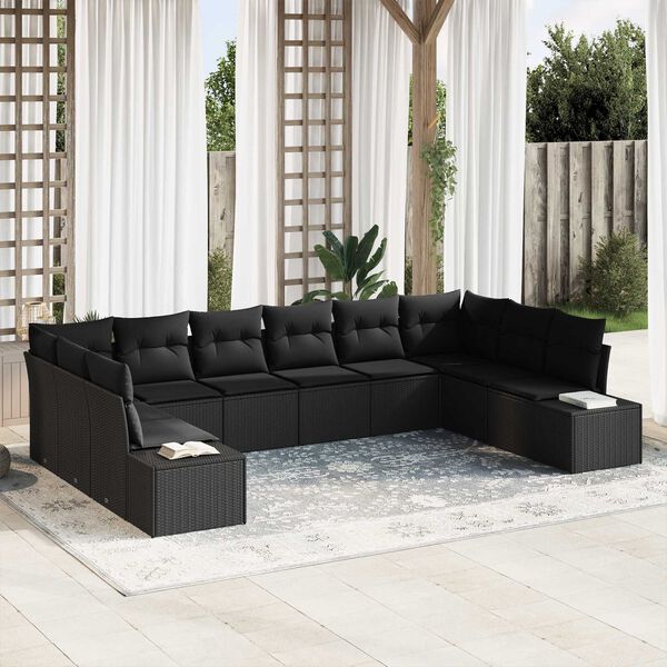 vidaXL Garten-Sofa-Set mit Kissen 10 pcs Schwarz Poly Rattan