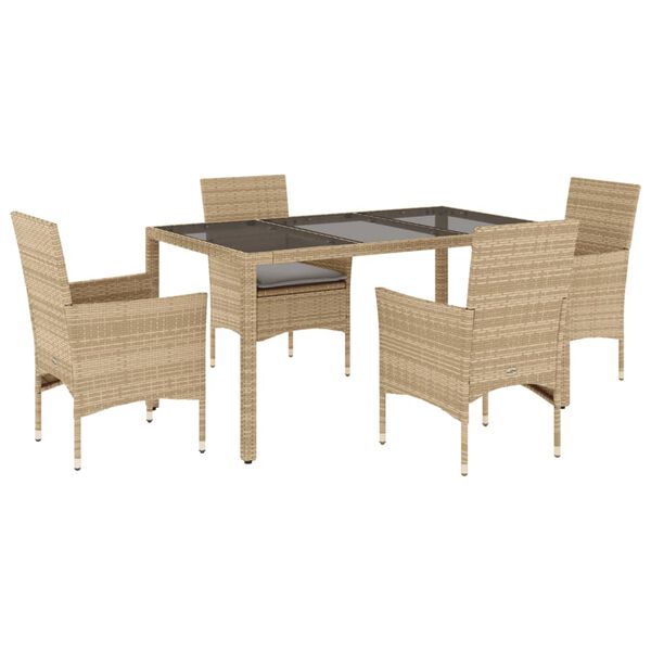 vidaXL 5-tlg. Garten-Essgruppe mit Kissen Beige Poly Rattan und Glas