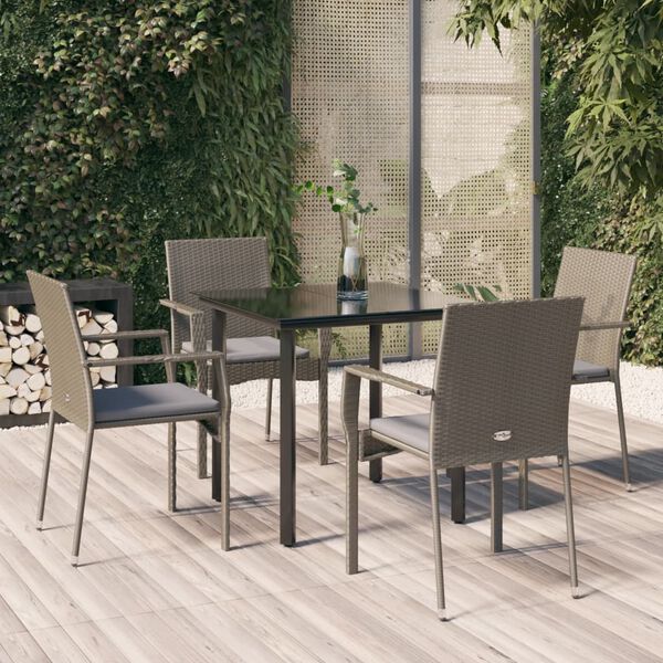 vidaXL 5-tlg. Garten-Essgruppe mit Kissen Schwarz und Grau Poly Rattan
