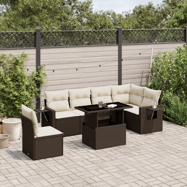 vidaXL 7-tlg. Garten-Sofagarnitur mit Kissen Braun Poly Rattan
