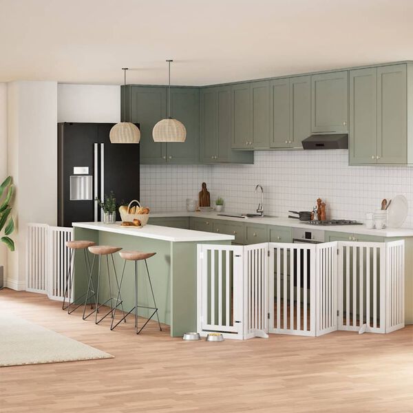 vidaXL 9-tlg. Hundetor mit T&uuml;r Faltbar Wei&szlig; 450 cm Pappelholz