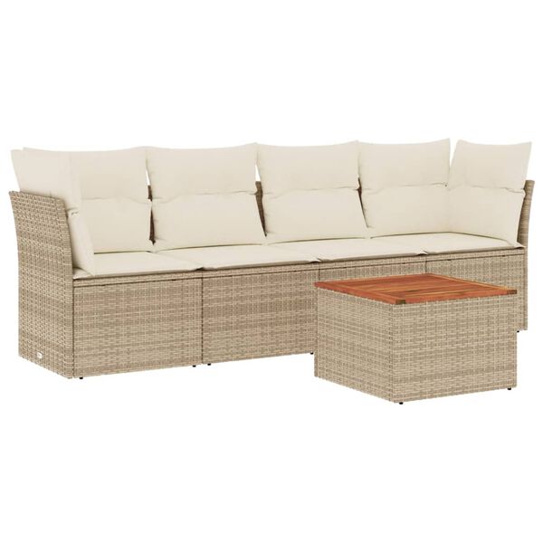 vidaXL 5-tlg. Garten-Sofagarnitur mit Kissen Beige Poly Rattan