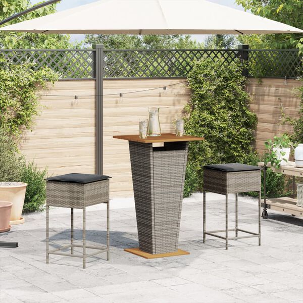 vidaXL 3-tlg. Gartenbar-Set mit Kissen Grau Poly Rattan