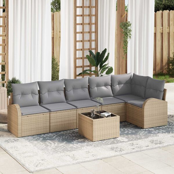 vidaXL Garten-Sofa-Set mit Kissen 7 pcs Beige und Hellgrau Poly Rattan