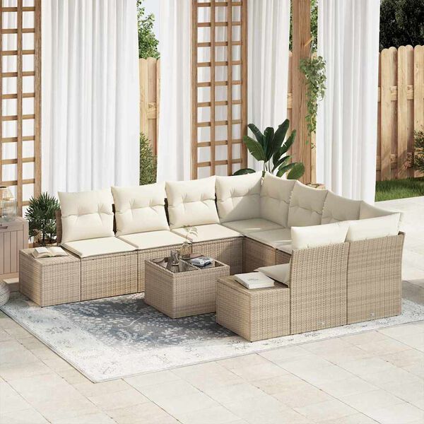vidaXL Garten-Sofa-Set mit Kissen 9 pcs Beige und Creme Poly-Rattan