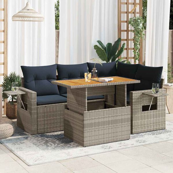 vidaXL 5-tlg. Garten-Sofagarnitur mit Kissen Grau Poly Rattan