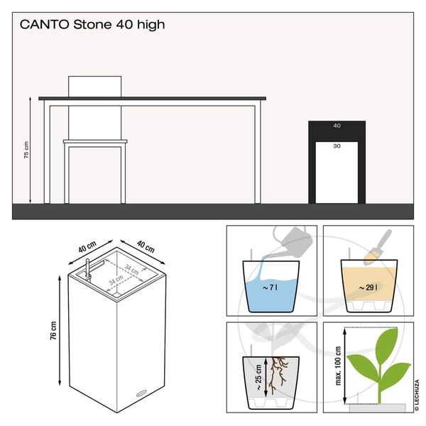 LECHUZA Pflanzgef&auml;&szlig; CANTO Stone 40 LED High ALL-IN-ONE 40x40cm Schwarz