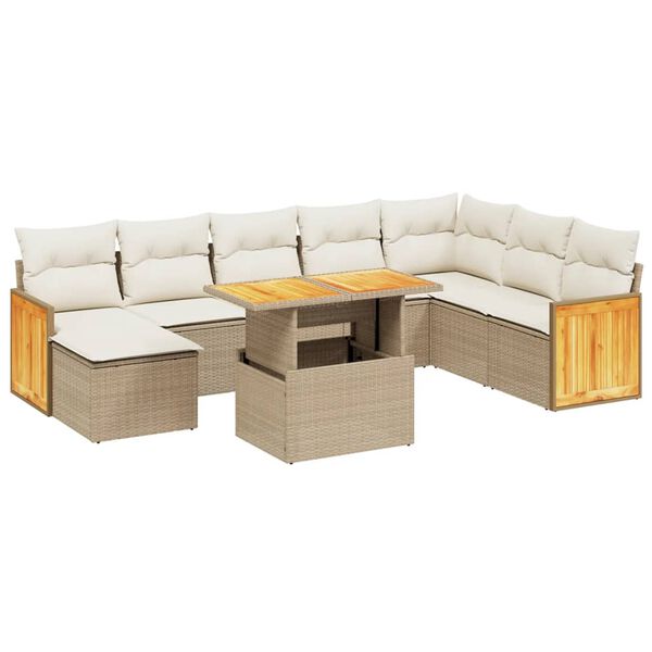 vidaXL 9-tlg. Garten-Sofagarnitur mit Kissen Beige Poly Rattan