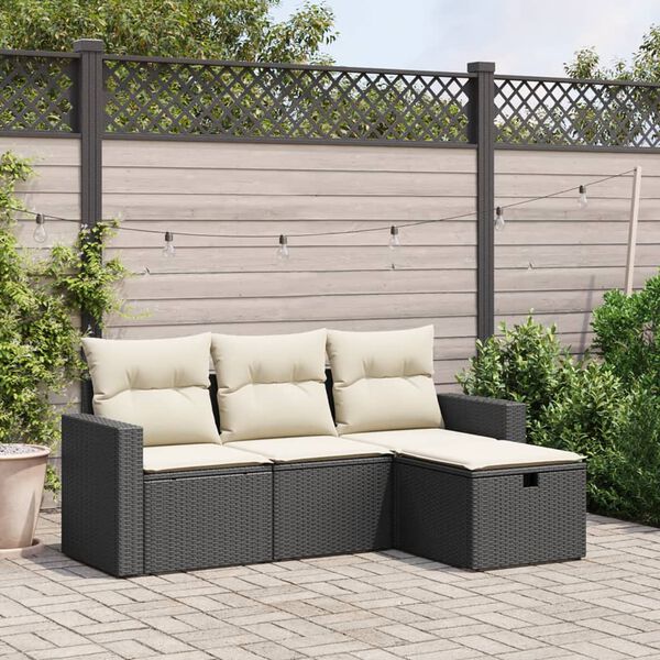 vidaXL 4-tlg. Garten-Sofagarnitur mit Kissen Schwarz Poly Rattan