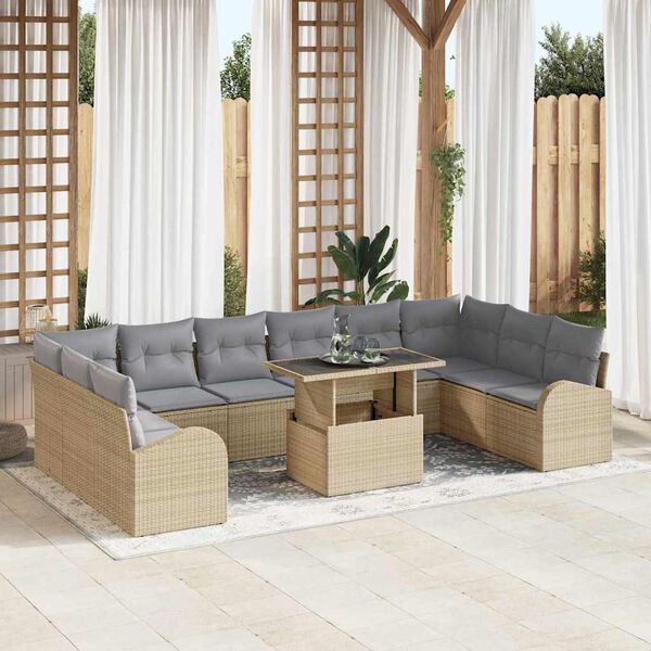 vidaXL Gartensofa-set mit Kissen mit Speicher 11 pcs Beige Poly Rattan