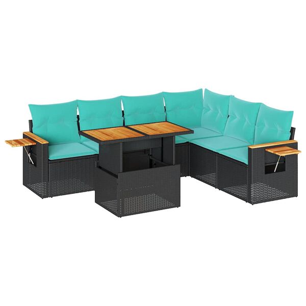 vidaXL 7-tlg. Garten-Sofagarnitur mit Kissen Schwarz Poly Rattan