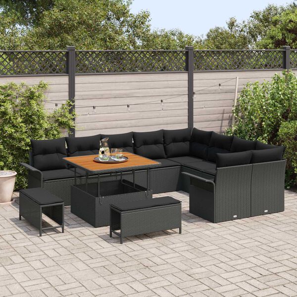vidaXL Garten-Sofa-Set mit Kissen mit Speicher 12 pcs Schwarz