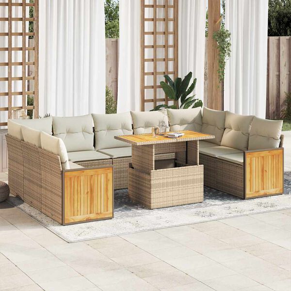 vidaXL 10-tlg. Garten-Sofagarnitur mit Kissen Beige Poly Rattan Akazie