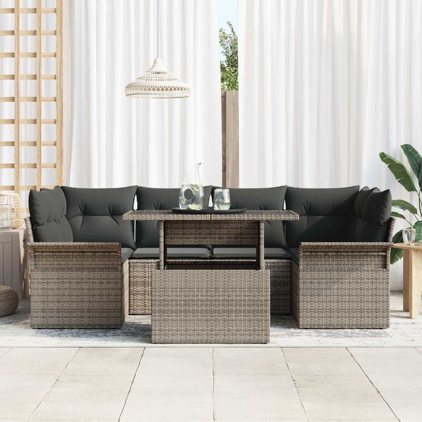 vidaXL Gartensofa-set mit Kissen mit Speicher 7 pcs Grau Poly Rattan