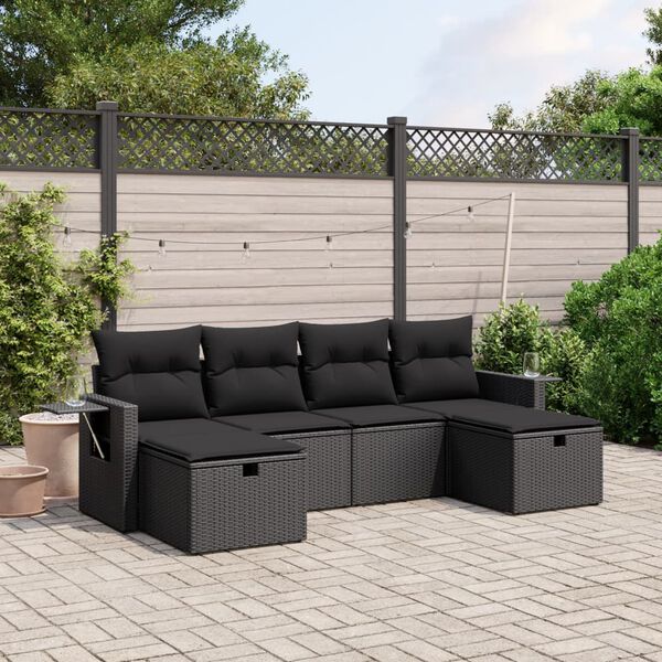 vidaXL 6-tlg. Garten-Sofagarnitur mit Kissen Schwarz Poly Rattan