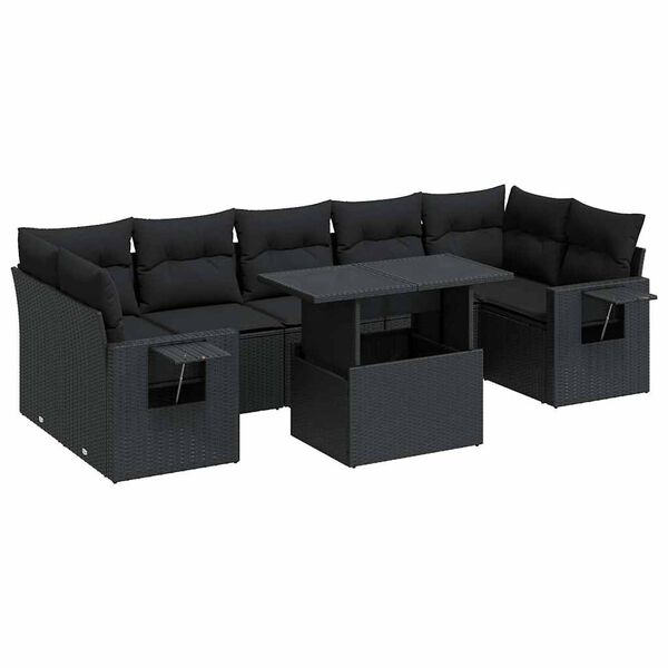 vidaXL 8-tlg. Garten-Sofagarnitur mit Kissen Schwarz Poly Rattan