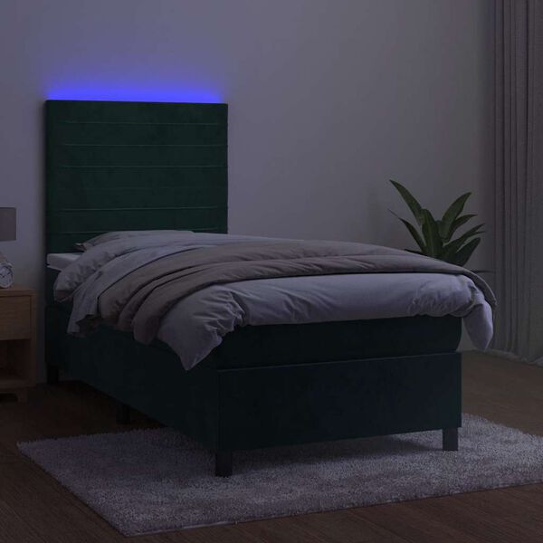 vidaXL Boxspringbett mit Matratze & LED Dunkelgr&uuml;n 90x190 cm Samt