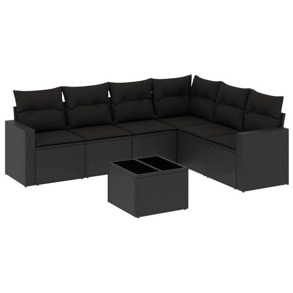 vidaXL 7-tlg. Garten-Sofagarnitur mit Kissen Schwarz Poly Rattan