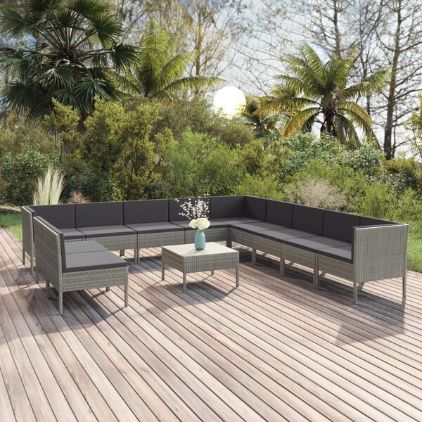 vidaXL 12-tlg. Garten-Lounge-Set mit Auflagen Poly Rattan Grau