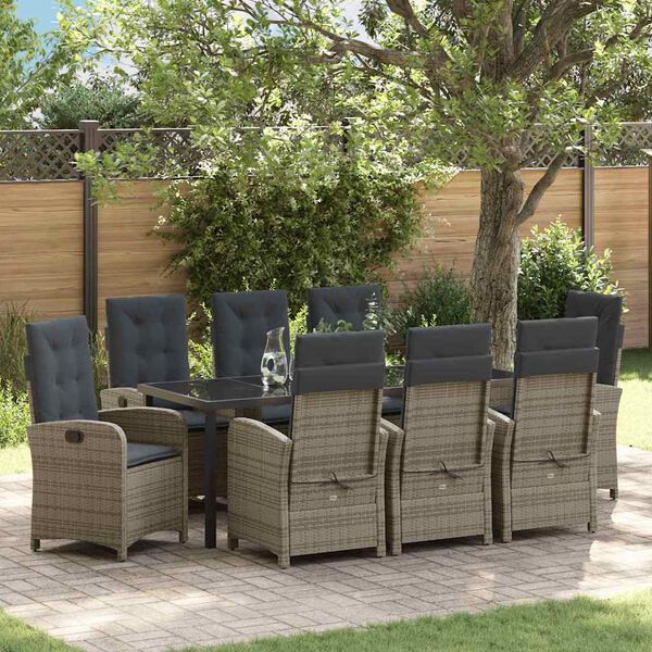 vidaXL Garten Essgruppe mit Kissen 9 pcs Grau Poly-Rattan