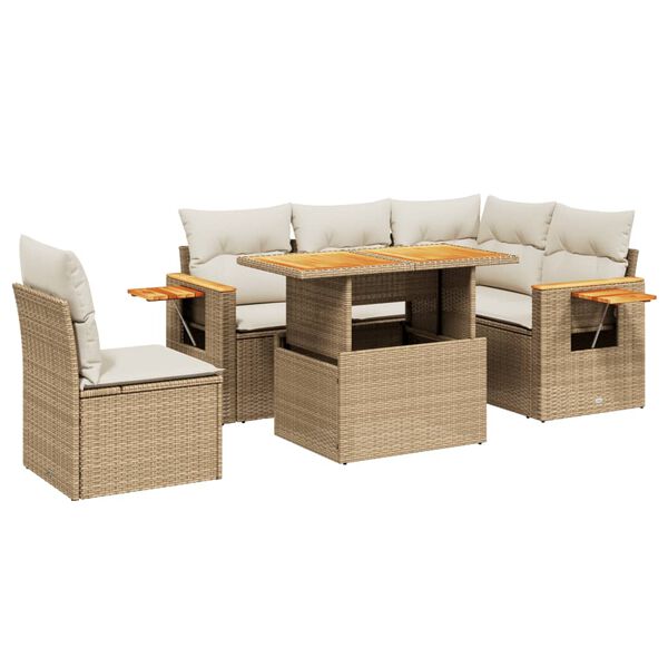 vidaXL 6-tlg. Garten-Sofagarnitur mit Kissen Beige Poly Rattan