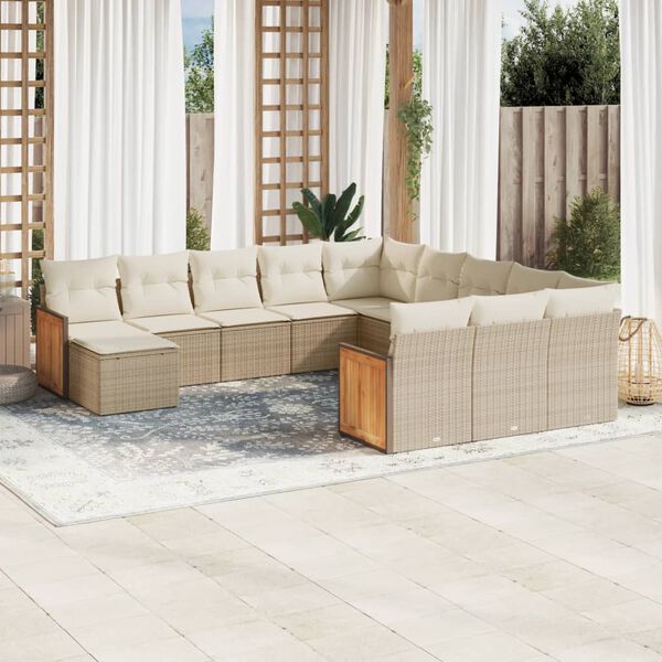 vidaXL 12-tlg. Garten-Sofagarnitur mit Kissen Beige Poly Rattan