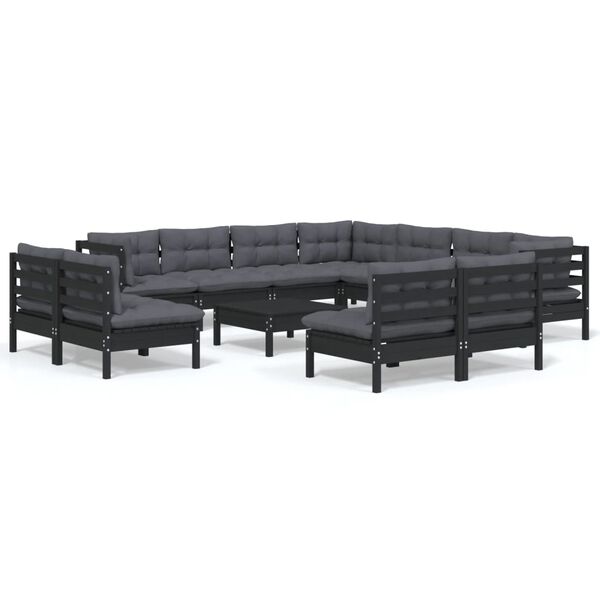 vidaXL 12-tlg. Garten-Lounge-Set mit Kissen Schwarz Massivholz Kiefer