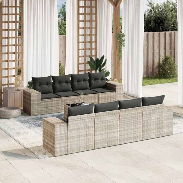 vidaXL 9-tlg. Garten-Sofagarnitur mit Kissen Hellgrau Poly Rattan