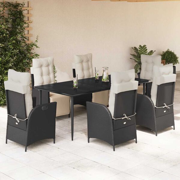 vidaXL 7-tlg. Garten-Essgruppe mit Kissen Schwarz Poly Rattan