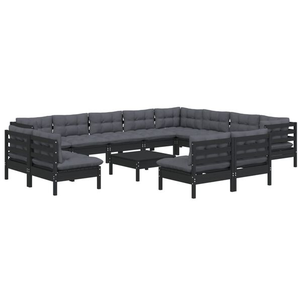 vidaXL 13-tlg. Garten-Lounge-Set mit Kissen Schwarz Massivholz Kiefer