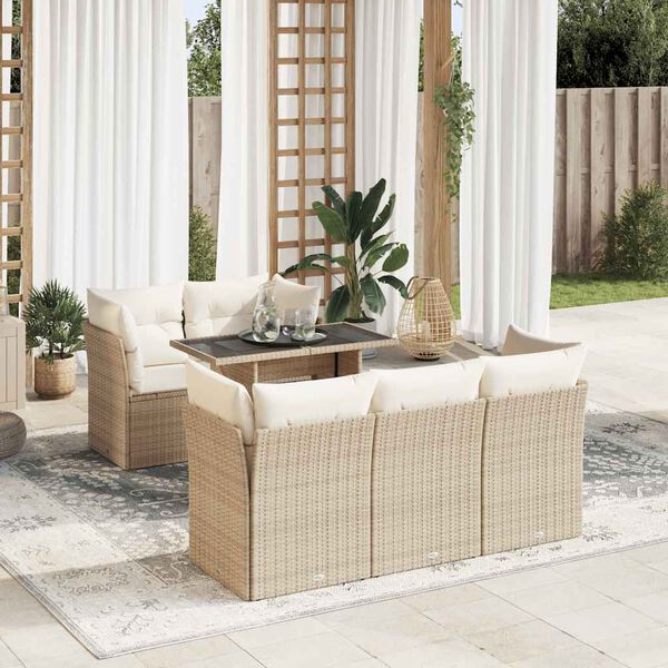 vidaXL 6-tlg. Garten-Sofagarnitur mit Kissen Beige Poly Rattan