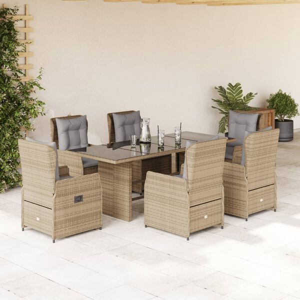 vidaXL 7-tlg. Garten-Essgruppe mit Kissen Beige Poly Rattan