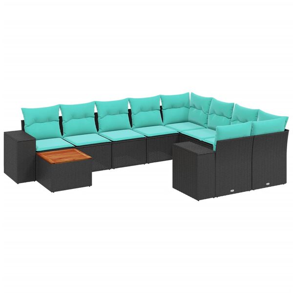 vidaXL 10-teiliges Gartensofa-Set mit Kissen, schwarzes Polyrattan