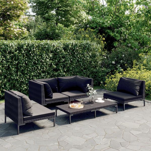vidaXL 5-tlg. Garten-Lounge-Set mit Kissen Poly Rattan Dunkelgrau