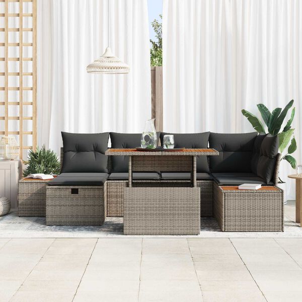vidaXL Garten-Sofa-Set mit Kissen mit Speicher 7 pcs Grau Poly Rattan