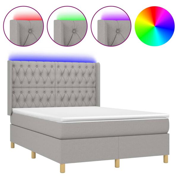 vidaXL Boxspringbett mit Matratze & LED Hellgrau 140x190 cm Stoff