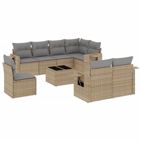 vidaXL 9-tlg. Garten-Sofagarnitur mit Kissen Beige Poly Rattan